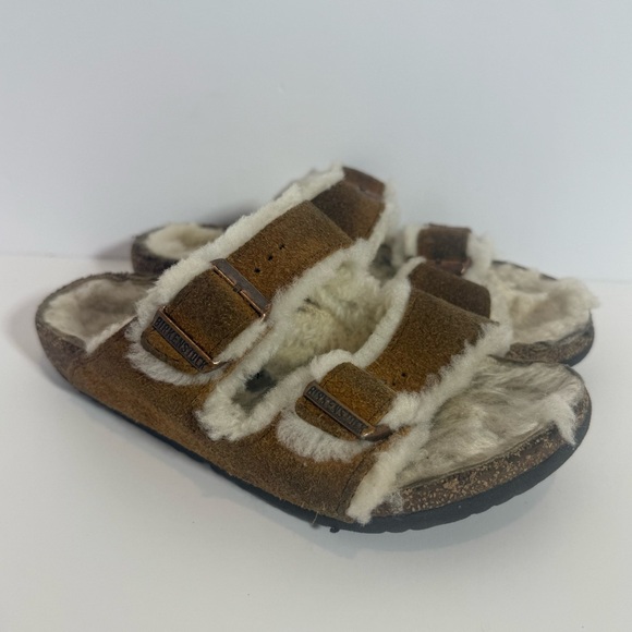 Birkenstock Arizona Sherpa Fur Lined Suede Sandals Sz 32 205 1-1.5 Shearling - Picture 1 of 7